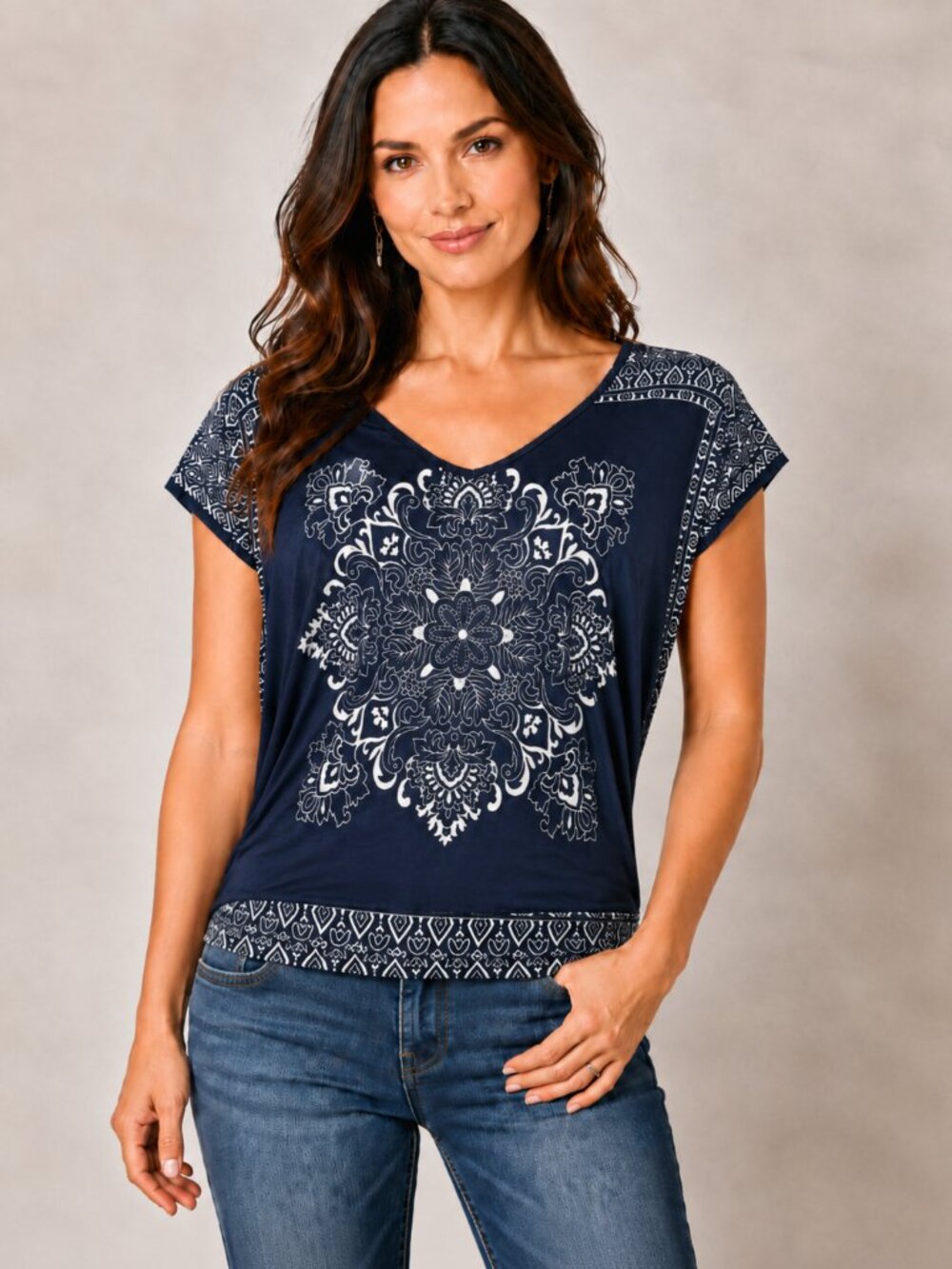 Navy Blue Boho Floral Medallion Stretch Blouson Top Cap Sleeve | Size Small